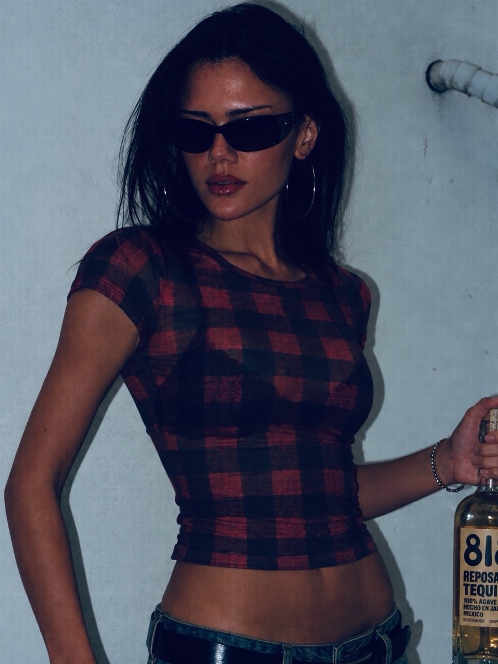 rag & bone/JEAN Checkered Short Sleeve Top in Red & Black